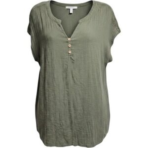 Per Seption Womens Olive Green short‎ sleeve mixed media top blouse PLUS 2XL